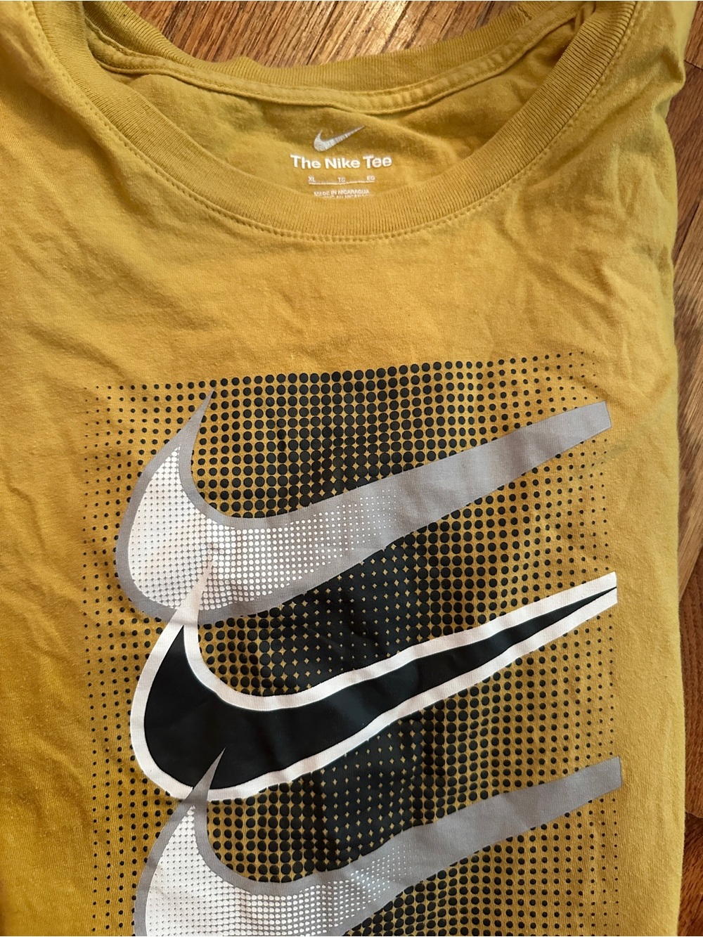 Nike Men’s Mustard Yellow Graphic Tee with Metallic and Black Swooshes